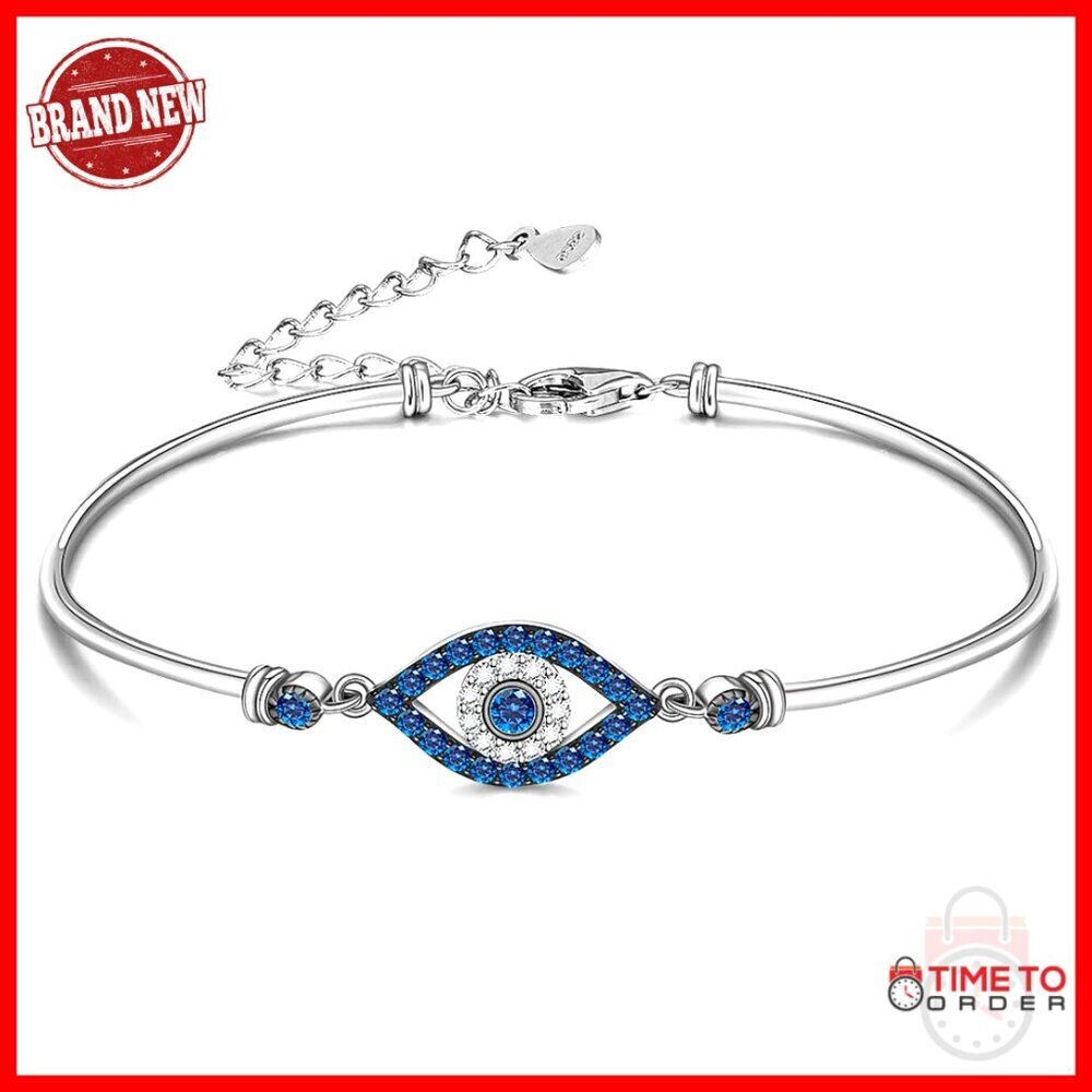 Sterling Silver Evil Eye Bangle Bracelet Protection Charm Adjustable Boho